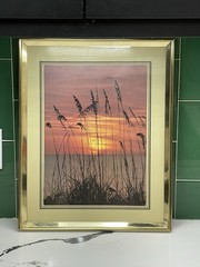 Vintage 1980’s Brass Framed Print 16×20 Matted Beach Sunset Retro Hawaii Art