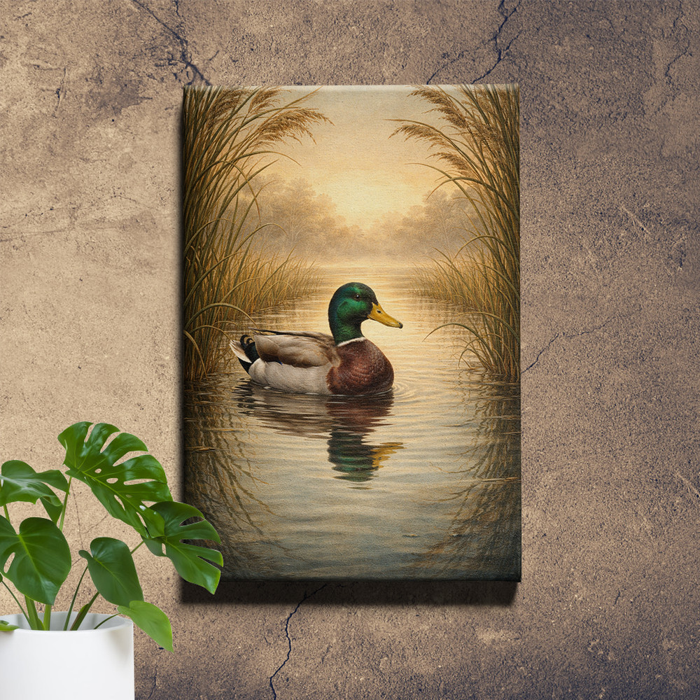 Modern Minimalist Duck Painting Golden Brown Mallard Framed Canvas Art