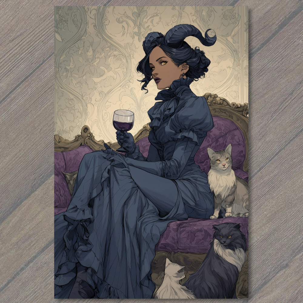 Art Print Horned Woman Wine Glass Cats Purple Sofa Lace Dress Gothic Glamour