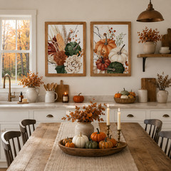 Pumpkin Bouquet Fall Framed Wall Art Watercolor Orange White Green Farmhouse Tha