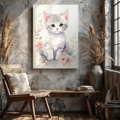 Watercolor Kitten & Floral Wreath Canvas Soft Pastel Feline Art Some Moments