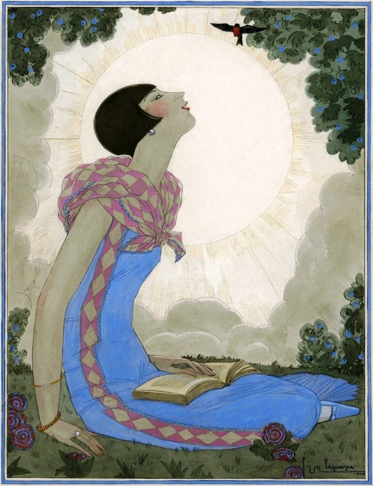 Woman Looking at a Small Bird Art Print Georges Lepape c1927 Art Deco Fashion