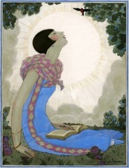 Woman Looking at a Small Bird Art Print Georges Lepape c1927 Art Deco Fashion