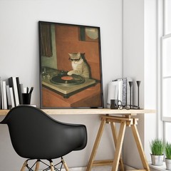 DJ Cat Vinyl Poster – Retro Turntable Music Wall Art, Funny Animal Poster