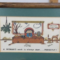Vintage Toni Framed Cartoon Art Print Fun A Womans Work Is Always Done Perfectly