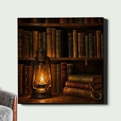 Bookshelf Lantern Art Print Cozy Library Still Life Decor