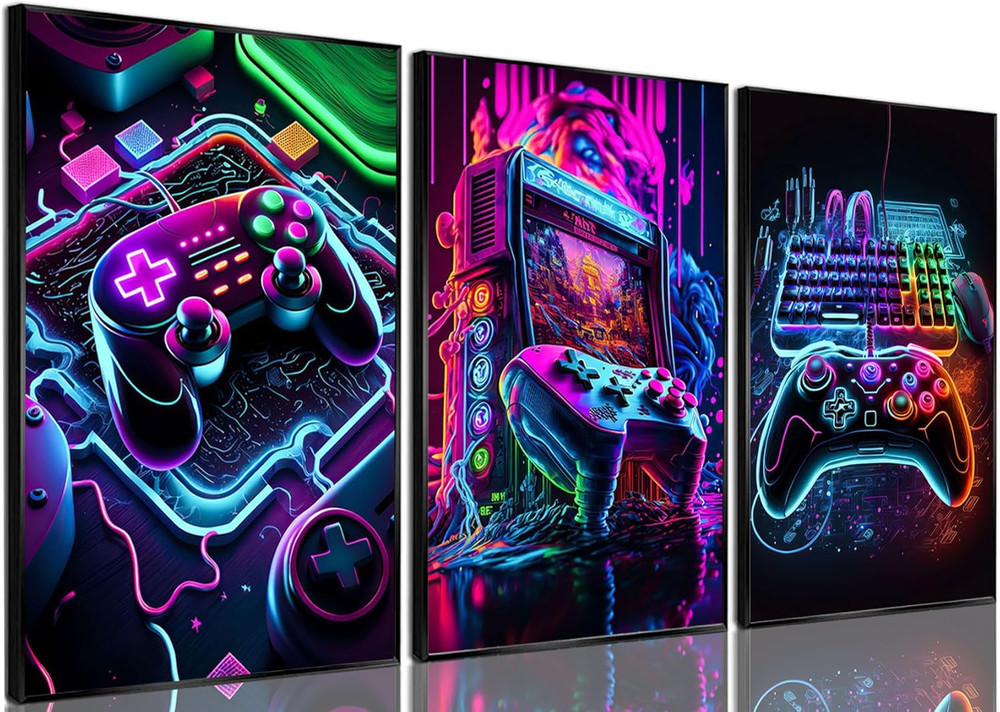 Game Room Decor Posters Set of 3 – Neon Gaming Accessories Theme Canvas Wall Art