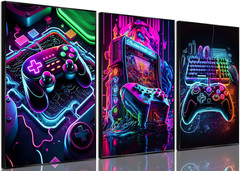 Game Room Decor Posters Set of 3 – Neon Gaming Accessories Theme Canvas Wall Art
