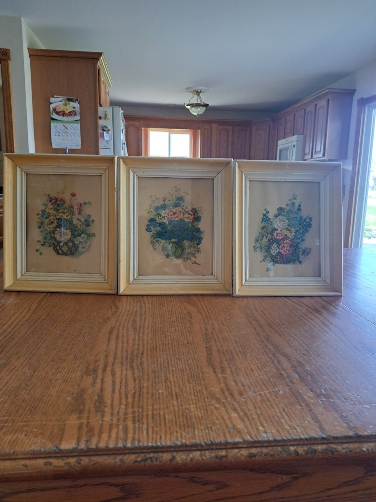 Vintage Botanical Floral Litho Prints Set of 3 Wood Framed Cottage Wall Art MCM
