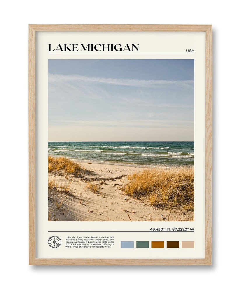 Natural OAK Wood Lake Michigan Framed Wall Art,12x16in Natural Scenery Canvas…