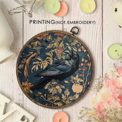 Vintage Raven Crow Round Wall Art Framed, Raven Botanical Wall Art, Cottagecore