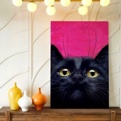 Wall Art Black Cat Portrait Print Pink Background Animal Canvas Home Decor Room