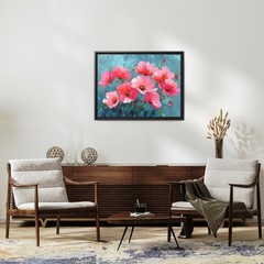 Bold Pink Floral Painting on Dark Teal Canvas, Dramatic Wildflower Botanical Art
