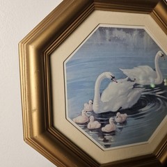 Vtg 1980s Homco Home Interiors Swan Family Print Gold Octagon Frame Wall Decor