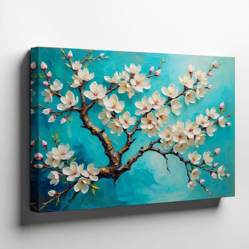 White Magnolia Blossoms Tree Canvas Wall Art Floral Painting Blue Background