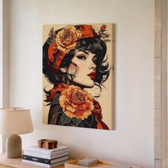 Bohemian Floral Portrait Canvaswoman In Profile With Rose And Patterned Scarf