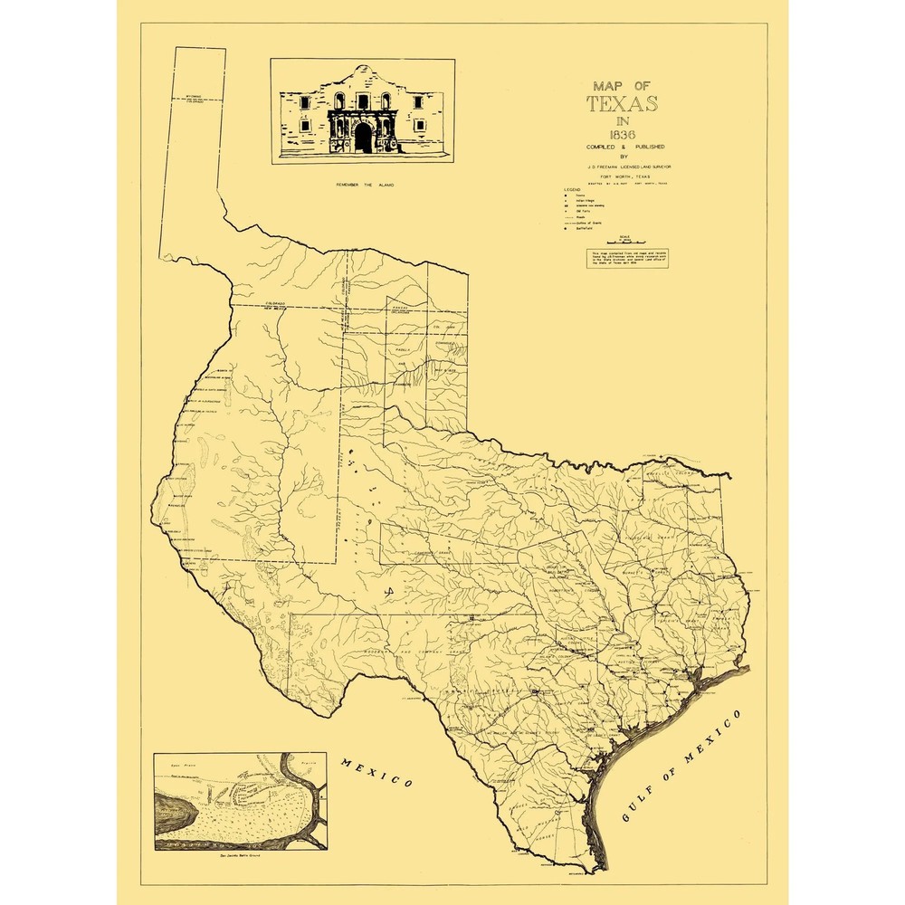 Historic State Map – Texas – Freeman 1836 – Vintage Wall Art