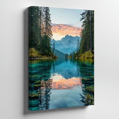 Mountain Landscape Reflected In Clear Lake With Tall Pine Trees Canvas Wall Art