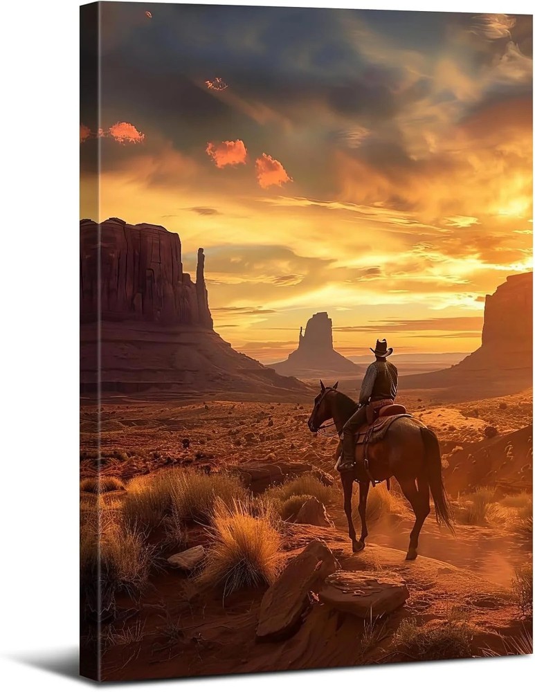 Western Cowboy Wall Art Sunset Wall Decor Desert Landscape Picture Canvas Prints