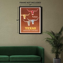 1953 Texas American Airlines Travel Poster Longhorn Cattle Mid-Century Aviation