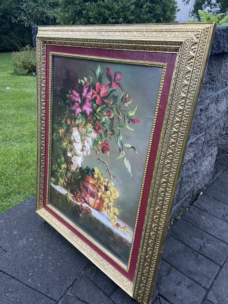 Di Giacomo Signed Gold Gilded Framed Art Print Angle With Flowers 30.5×24.5”