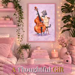 Whimsical Cat Wall Art, Watercolor Animal Print, Music Decor Gift 11×17 Framed