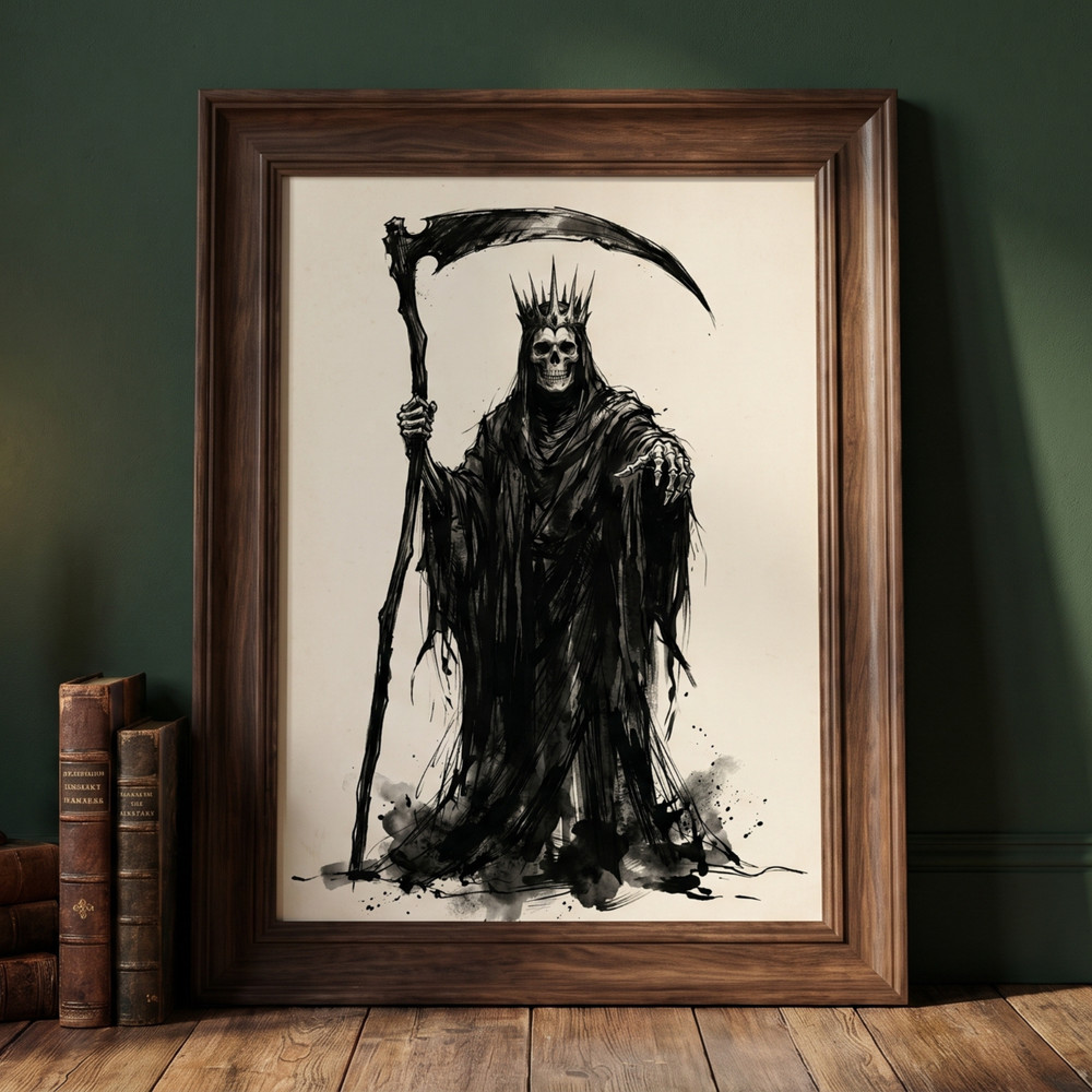 Grim Reaper Scythe Art Poster Gothic Skeleton King Dark Fantasy Wall Decor