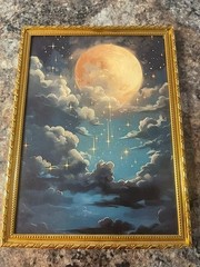 Celestial Full Moon, Stars canvas print. plastic frame 11 3/4 x 15 3/4