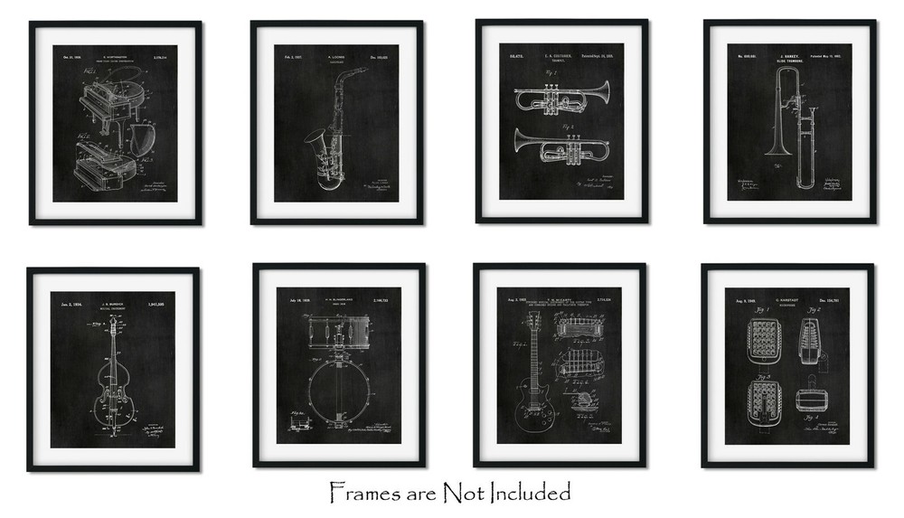 Set of 8 Jazz Instruments Patent Wall Art Prints (8×10) Gifts for Music Lovers