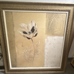 Framed Vertical Floral Flower Print Wall Decor, Beige Gold White Black