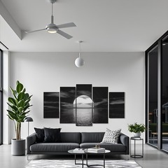 5 Piece Black and White Moon Wall Art Ocean Full Moon Picture Canvas Prints L…