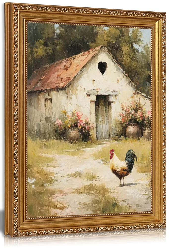 Gold Framed Farmhouse Rooster Wall Art, Vintage Rustic Cottage Barn Floral Ca…