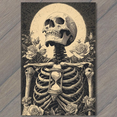 Art Print Skeleton Skull Hourglass Roses Gothic Black Cream Floral Halo Dark Mac