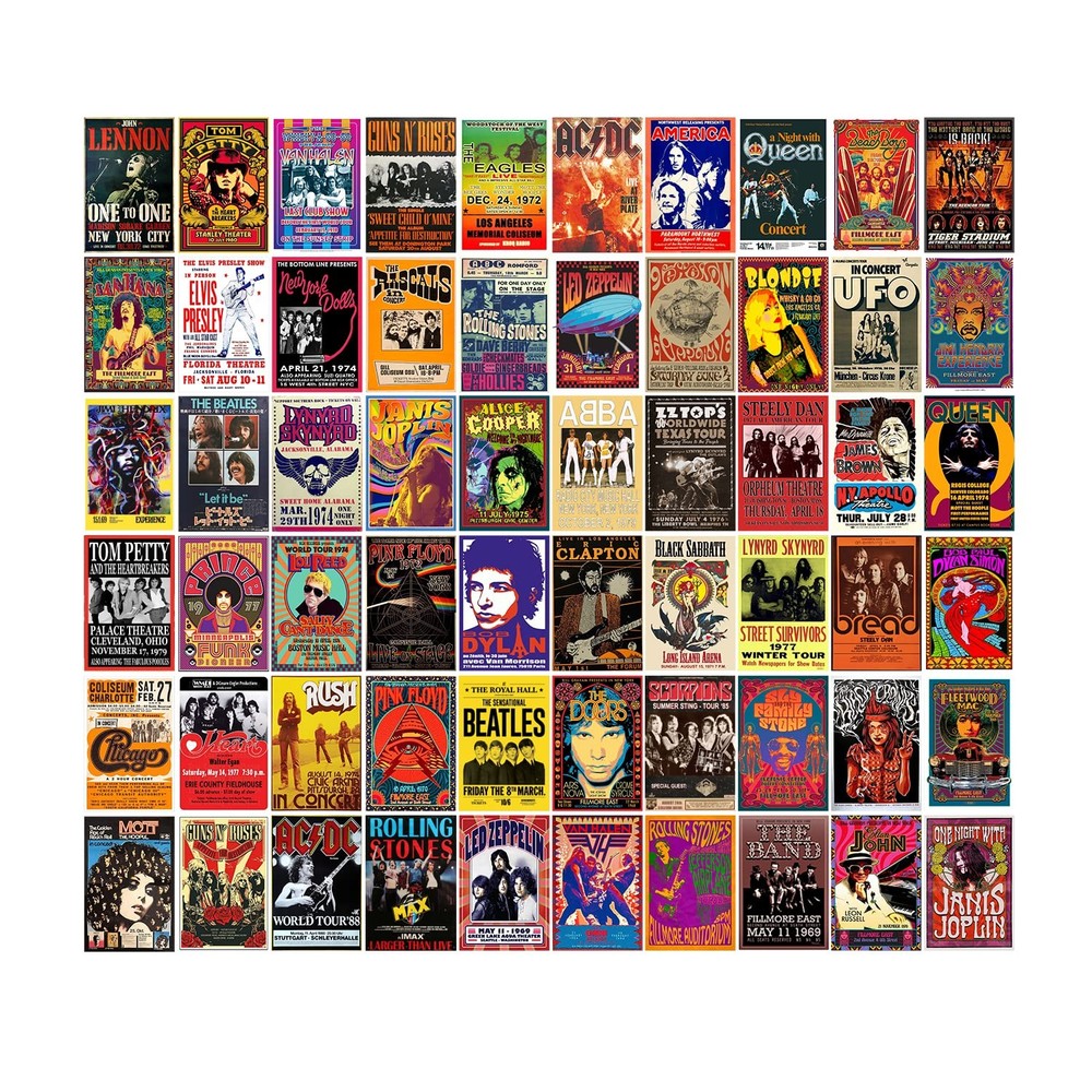 60 PC Vintage Rock Band Posters, 70s 80s 90s Retro Concert Prints, Bedroom Wa…