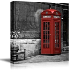 Pop of Red on the Telephone Booth – Canvas Art Home Decor – 16×16 inches