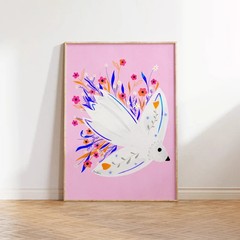 Pink Seagull Floral Art Print Eclectic Bird Poster Coastal Modern Wall Decor Gif