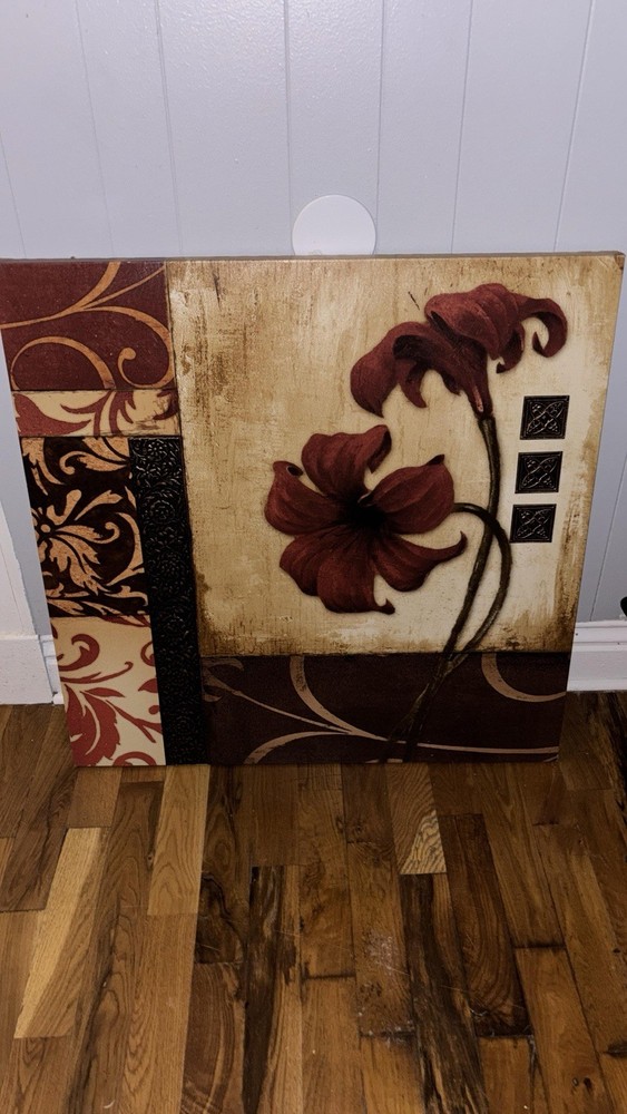 Contemporary Floral Canvas Print Square Art Red Brown Beige Black Decorative