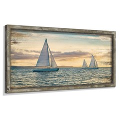 Coastal Framed Wooden Wall Art: Ocean Painting Art Sail Boats Artwork Decor S…