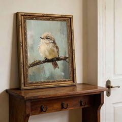 Gold Framed Bird Canvas Wall Art Vintage Beige Sparrow 11L x 9W, bird