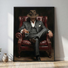 Man in Suit with Fedora Poster Whiskey Leather Chair Mobster Bourbon Wall Art Pr