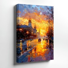Wall Art City Street Sunset Painting Rainy Urban Landscape Canvas Print Decor