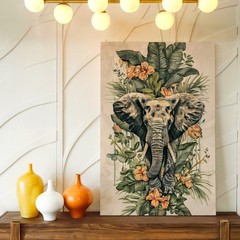 Wall Art Elephant Tropical Leaves Flowers Botanical Wildlife Canvas Print Decor