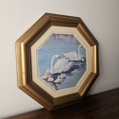 Vtg 1980s Homco Home Interiors Swan Family Print Gold Octagon Frame Wall Decor
