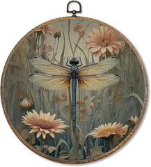 Vintage Dragonfly Floral Round Wall Art Decor Framed, Retro William Morris Flowe