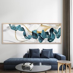 Panoramic Abstract Blue & Golden Flowing Ribbon Canvas Print Wall Art Home Decor