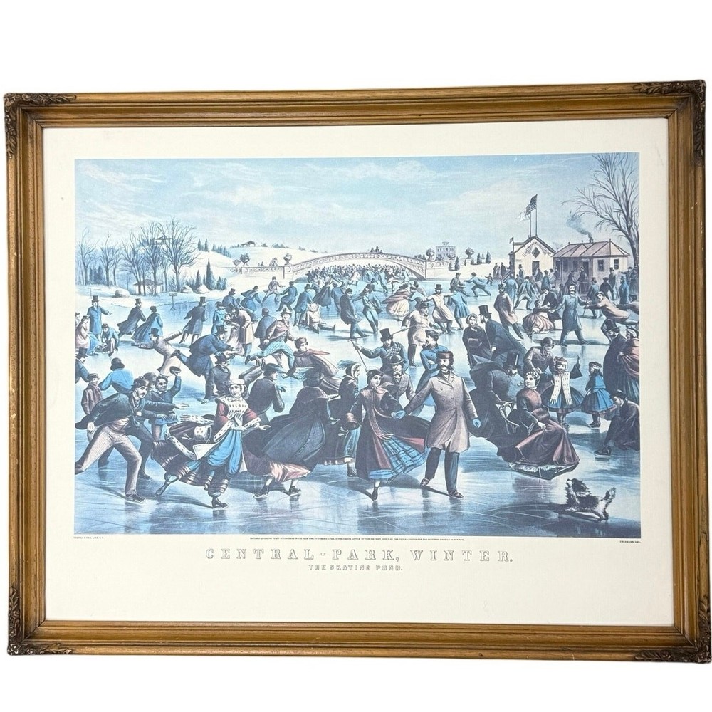 Currier & Ives Central Park Winter Skating Pond Print Vintage Frame MCM