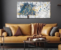 Large Canvas Wall Art – Blue Tree & Golden Butterflies, Abstract Grey Graffiti,