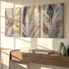 3 Pieces Abstract Feather Leaf Large Wall Art Set for Living Room Set Of 3