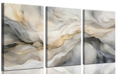 White and Grey Canvas Wall Art Set of 3 Abstract Beige Gold Marble Fluid Wall…