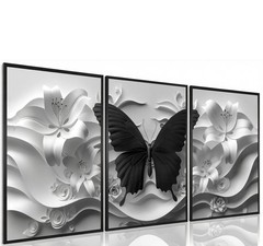 Black Butterfly Wall Art Set of 3 White Flowers Canvas Modern Floral Decor